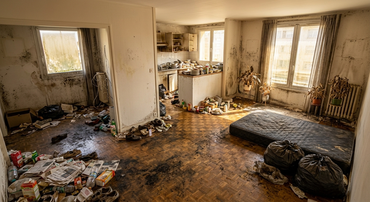 Appartement très dégradé et encombré avant une intervention de nettoyage spécialisé
