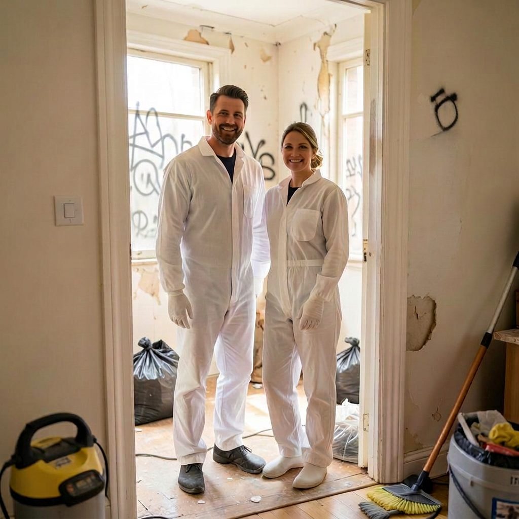 Équipe en combinaison blanche intervenant dans un appartement squatté